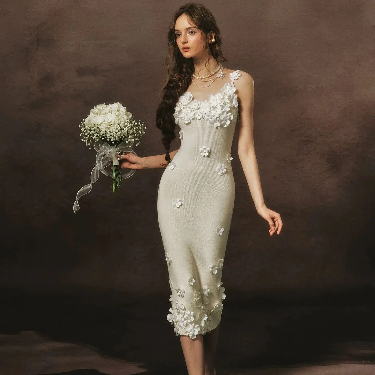 Vestido de punto blanco original Lacemade, sin mangas, con tirantes, estampado floral, abertura, falda ajustada, romántico, de encaje, estilo hippie, Vestidos