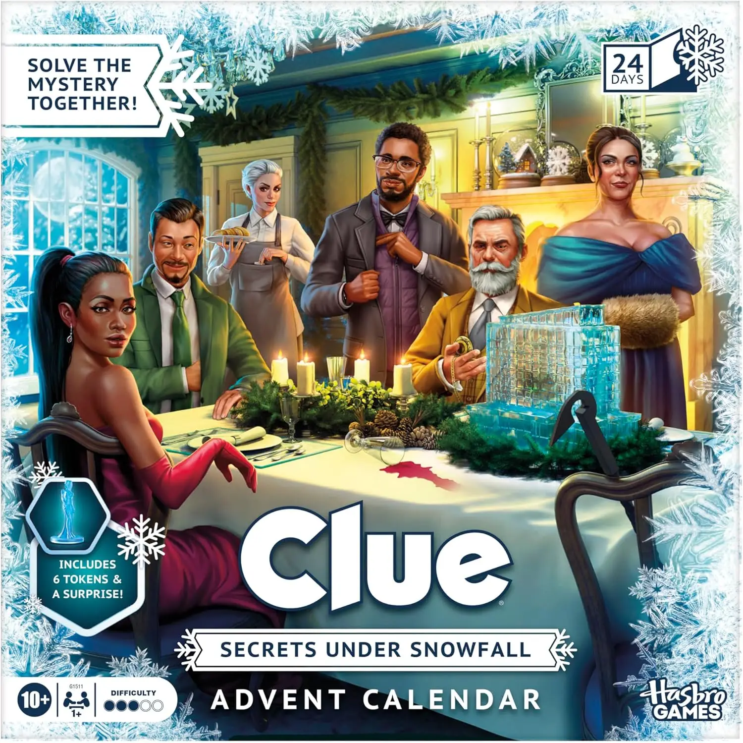 

Clue Advent Calendar: Secrets Under Snowfall, 24 Days Family Mystery Games, with 6 Winter-Themed Tokens Surprise Christmas Gift