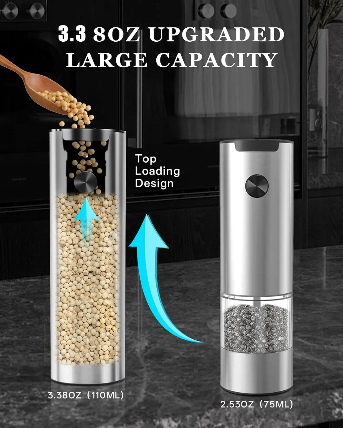 مجموعة مطحنة الملح والفلفل الكهربائية القابلة لإعادة الشحن مع ضوء LED، سعة كبيرة، خشونة قابلة للتعديل للمطبخ والهدايا #6