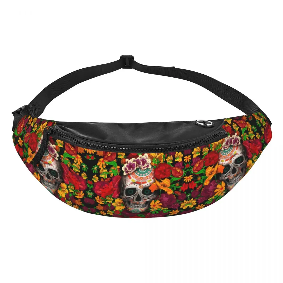 Sugar Skull With Flower Fanny Bag Custom Mexican Floral Crossbody Waist Pack Women Men Running Phone Money Pouch