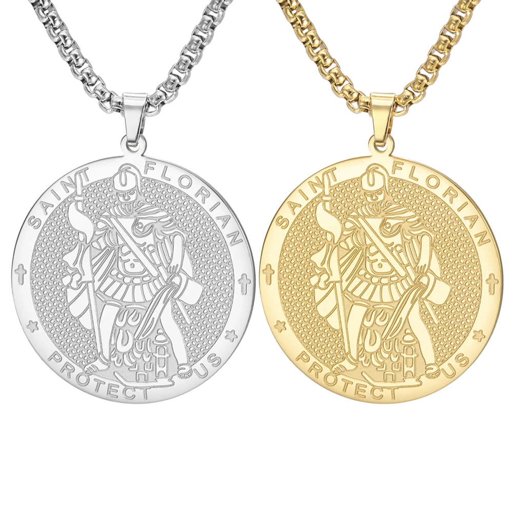 Saint Florian Double Sides Necklace Firefighter Prayer Religion Protection Jewelry Catholic Gift Stainless Steel Pendant