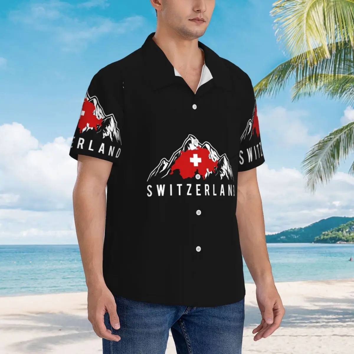 

Гавайские рубашки с флагом Швейцарии, модные мужские рубашки с коротким рукавом для лета, пляжные мужские топы с лацканами
