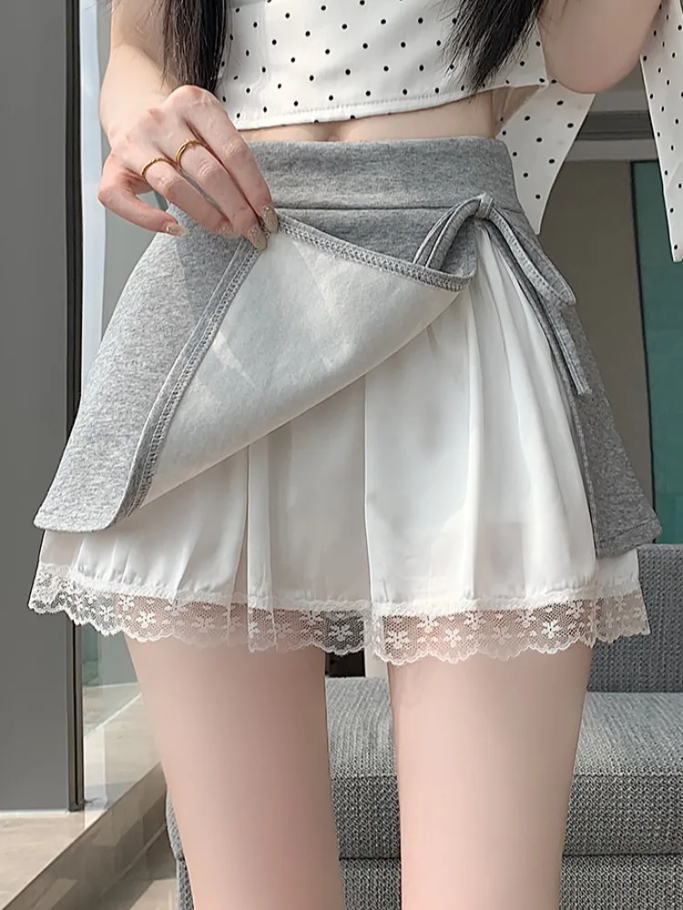 Gray Lace Trim  Skirt Women's Summer New Miu Series High Waist A-Line Sporty Tennis Skirt Pants Korean Style Commute