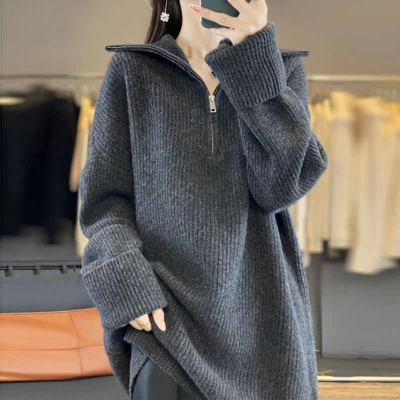 Autumn And Winter New 100% Pure Wool High-End Half Zipper Thickened Women's Turtleneck Medium Long Loose Pullover Sweater