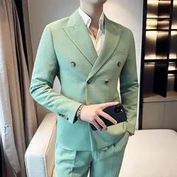 (Blazer+Trousers) Spring Business Casual Suits Uniform Men Streetwear 2-piece set Outerwear Clothing Men Double Breasted Dress