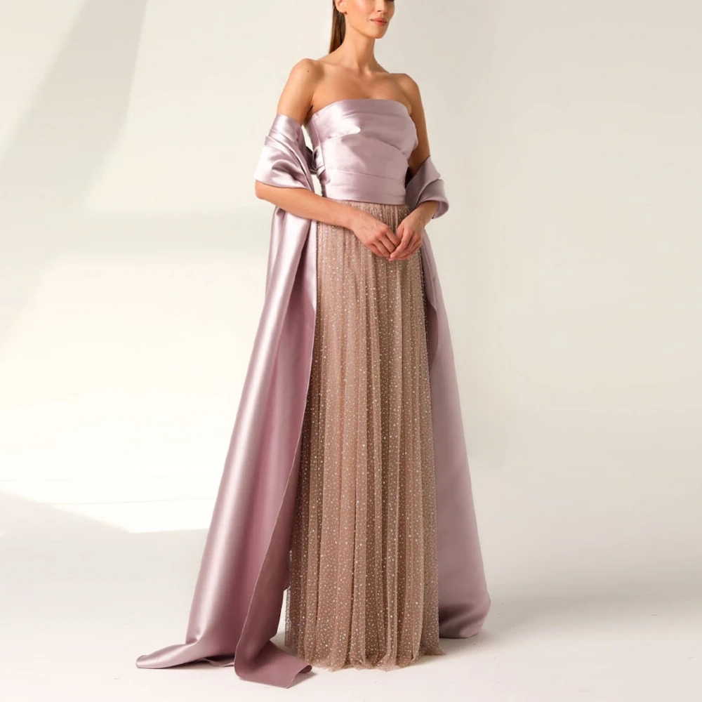 Muloong Light Purple Strapless Evening Dresses A Line Floor Length Prom Gown Long Shawl Sequins Tulle Luxury Woman Party Dress