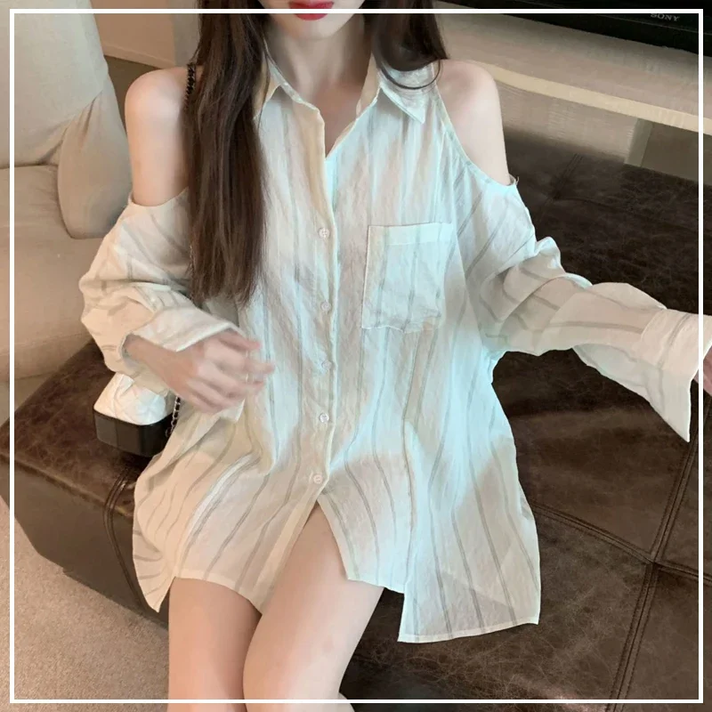 

2024 Summer Slim Edition Creative Simple Youth Strapless Sunscreen Korean Refreshing Stripe Trend Long Sleeved Women Shirt LU421