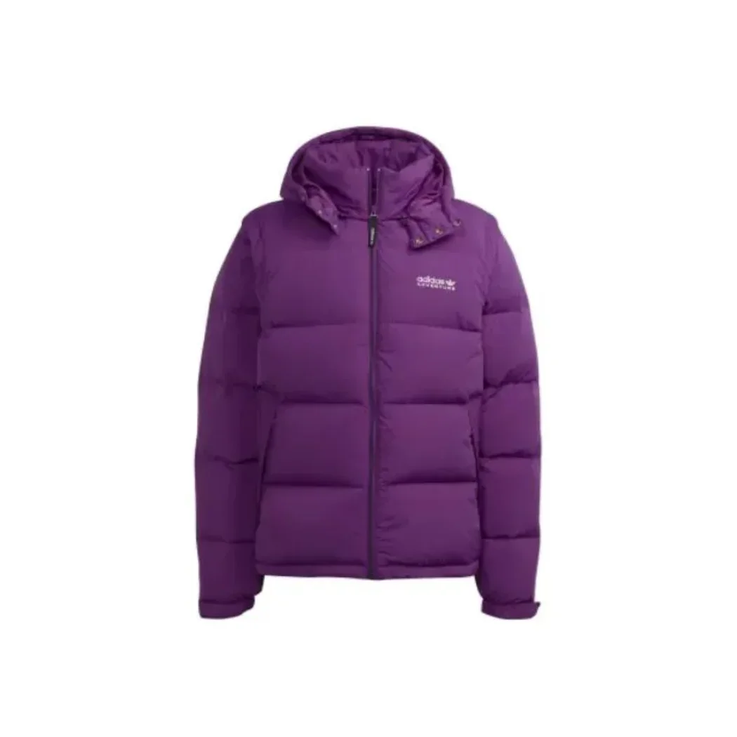 adidas originals men's Classic Cloverleaf logo embroidery pattern hooded zip warm removable down jacket purple