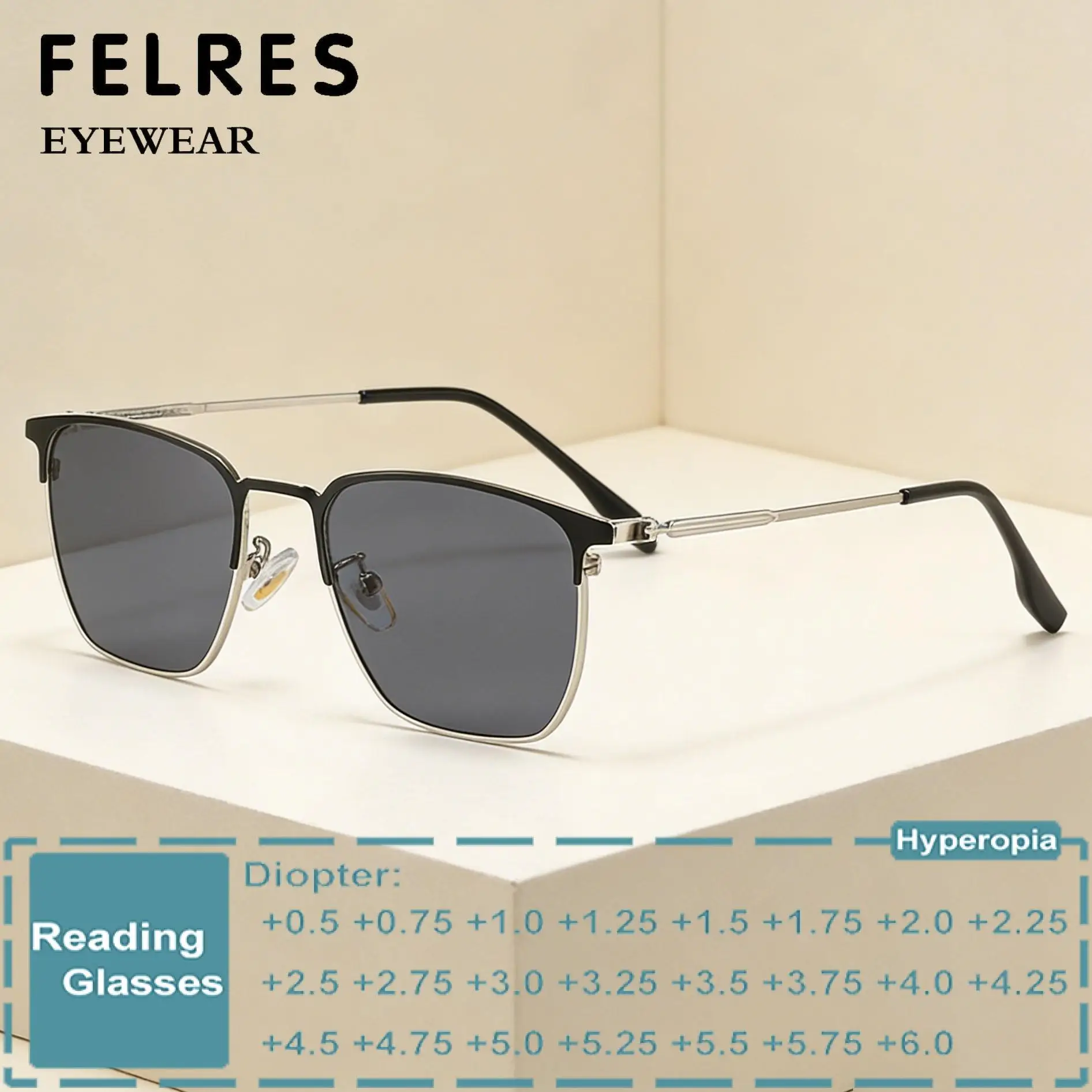 Metal Alloy Square Finished Reading Glasses Sunglasses Men Women Outdoor Single Focus Shade Presbyopic Eyewear Tinted Readers