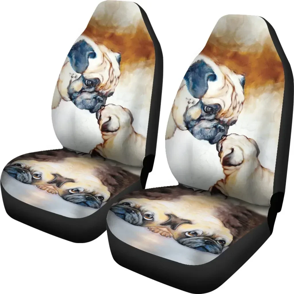 Love Pug Mother&Puppy Print Car Seat Covers Set 2 Pc, Car Accessories Seat Cover