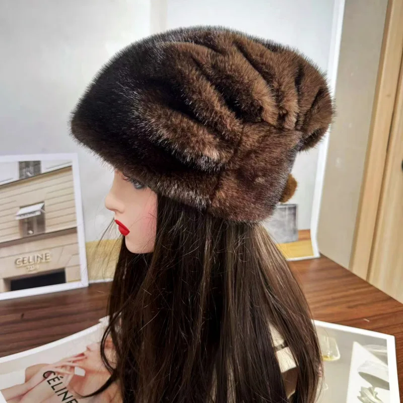 Gorro de piel sintética de visón para mujer, gorro de piel grueso y cálido con protección para los oídos, gorro de bombardero ruso, gorro de cubo de piel sintética esponjoso para invierno