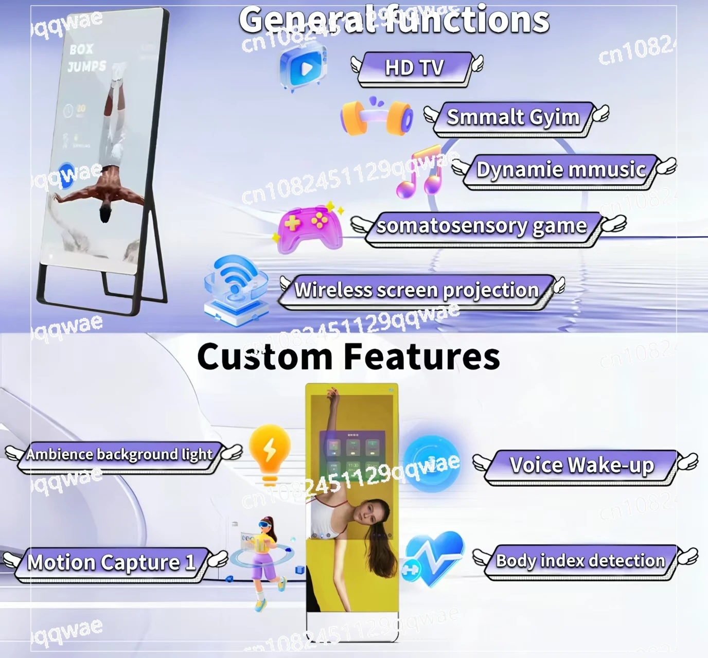 Interactive touchscreen 4K fitness mirror, voice-activated, floor/wall mountable 21.5/32/43 inches, home fitness equipment