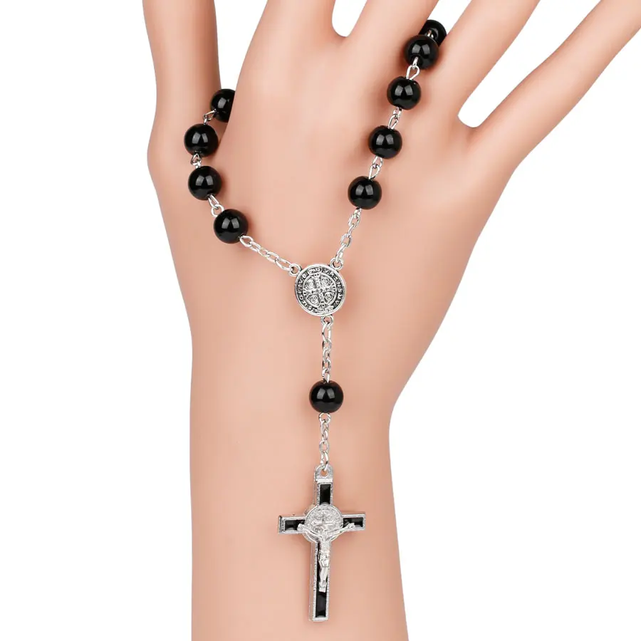 8MM Black Rosary Bracelet For Men Vintage Cross Charm Prayer Glass Beads Chain Bangle Women Christening Party Religious Jewelry