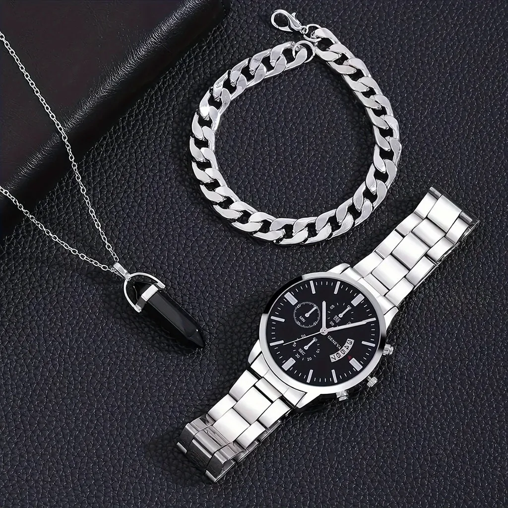 Kegllect 3PCS Men Quartz Watch Business Fashion Mental Wrist  Stainless Steel Strap and Necklace Bangle Set Ideal for Boys