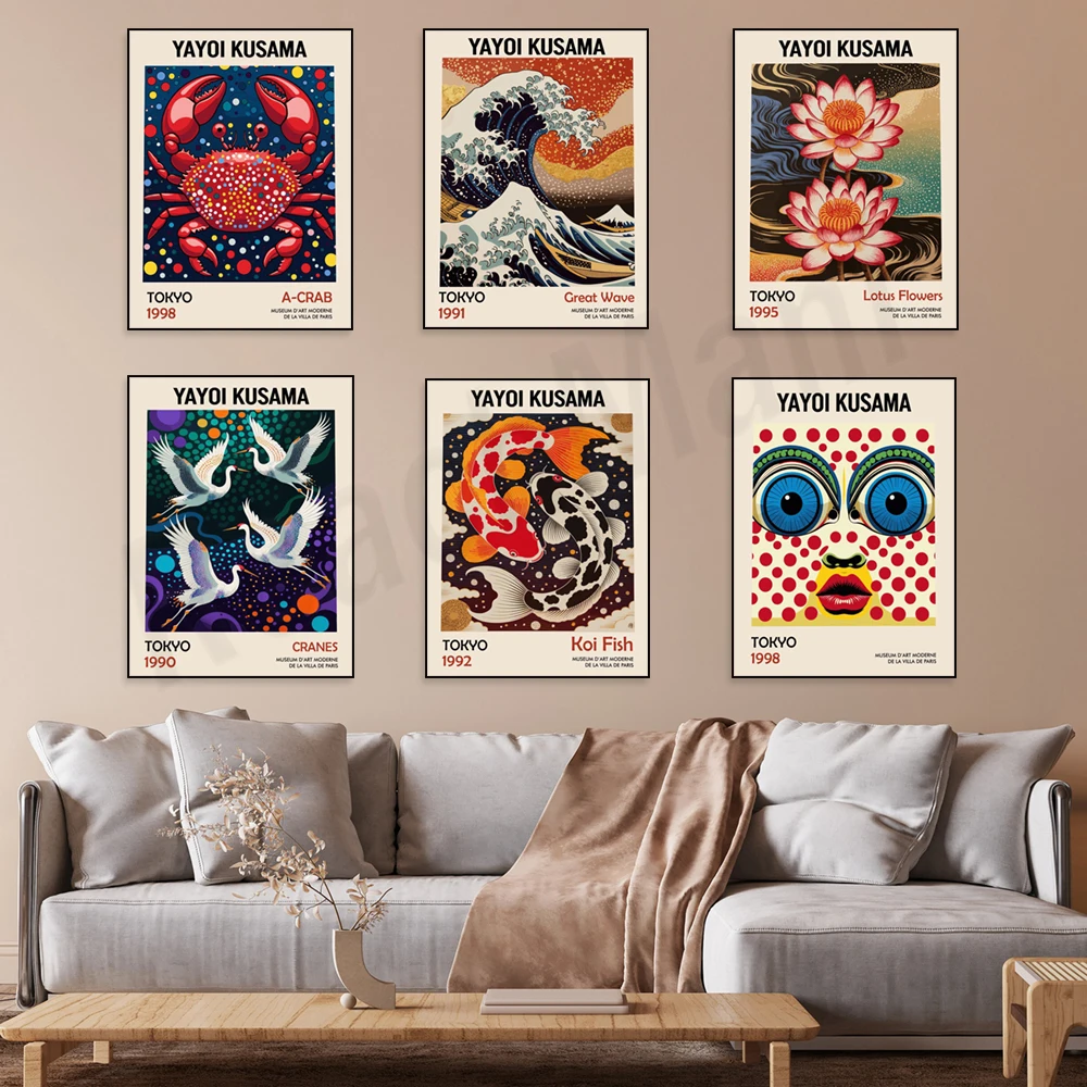 Yayoi Kusama's art prints depict cranes, flowers, lotus flowers, crabs, jellyfish, and koi carp; Japanese polka dot art posters.