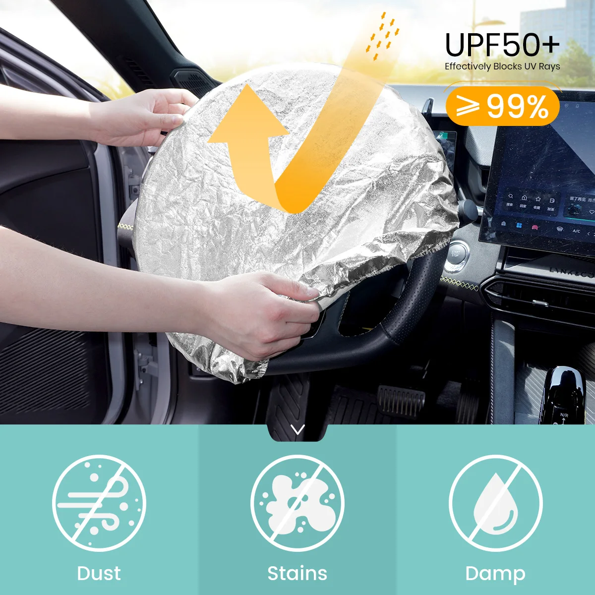 1PC Auto Lenkrad Abdeckung Sonnenschutz, Aluminium Film Beflockte Doppel-Schicht Isolierung Für Blockieren Sonne & Wärme – Detail 3