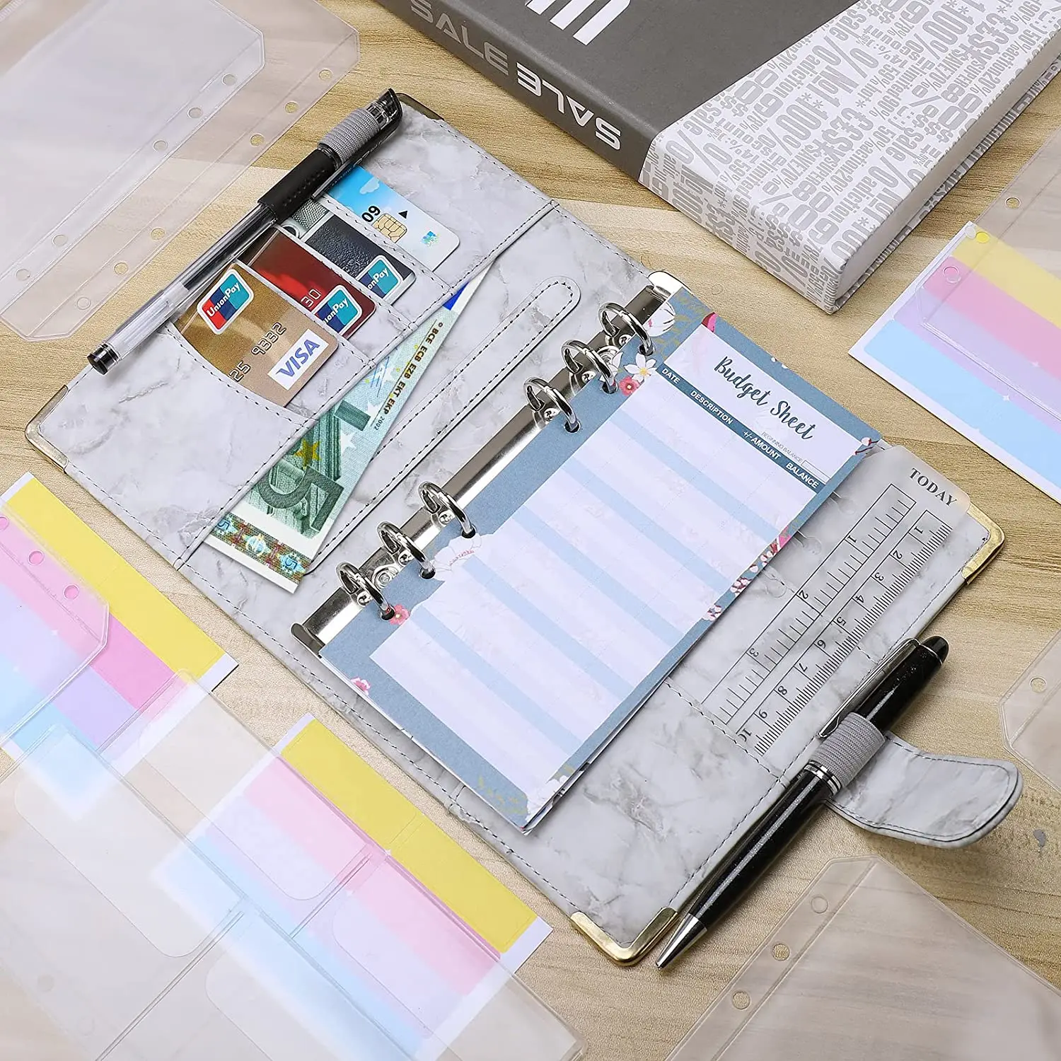 A6 Budget Binder Notebook with Cash Envelopes,Budget Sheets, Ruler and Letter Sticker Labels, Money Organizer for Daily Finances