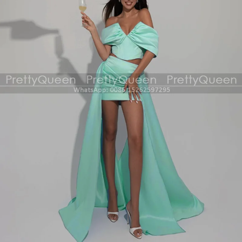

High Low Two Piece Cocktail Dresses Off Shoulder Waistline Cap Sheath Customized Mint Green Satin Party Dress