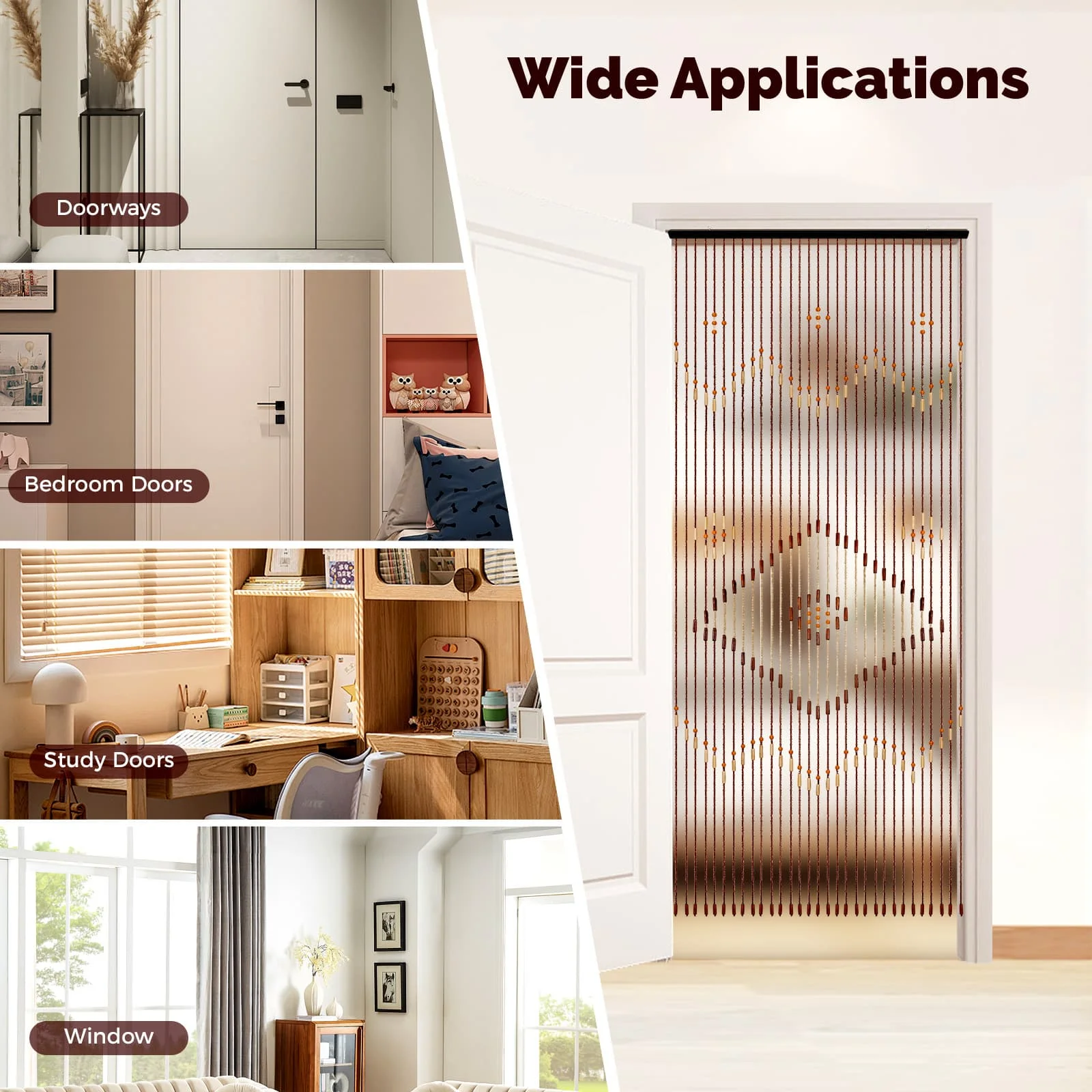 Chinese Classical Chocolate Brown Curtain 31 Line Wood&Cotton Door Curtain Window, Wall, or Door-mounted