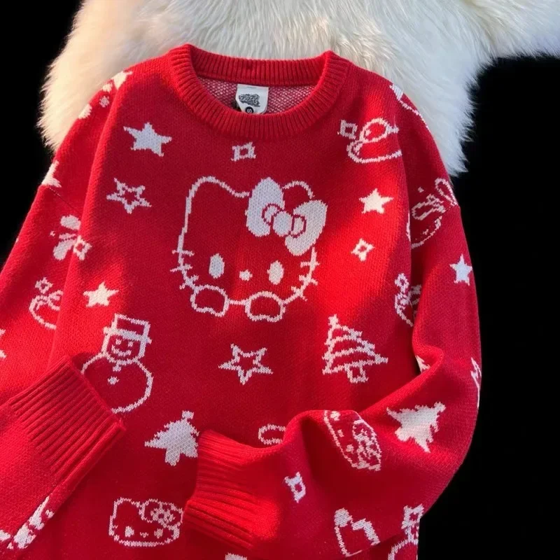 Kawaii Hello Kitty Sweter Kurtka studencka Jesień i zima Średniej długości Luźny kardigan z okrągłym dekoltem Żakardowe akcesoria Top