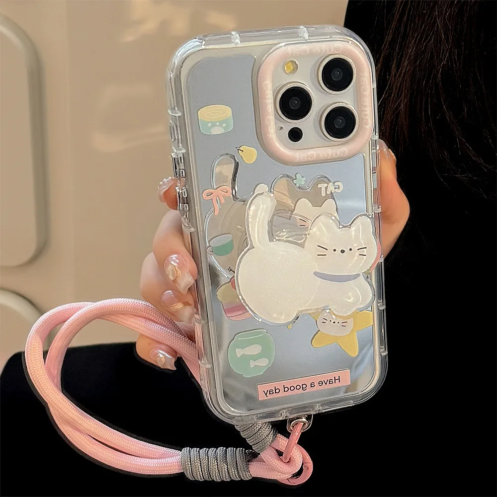 Soporte de gato blanco de dibujos animados coreanos con cordón espejo de maquillaje funda de teléfono para iPhone 11 12 13 14 15 16 17 Pro Max cubierta a prueba de golpes