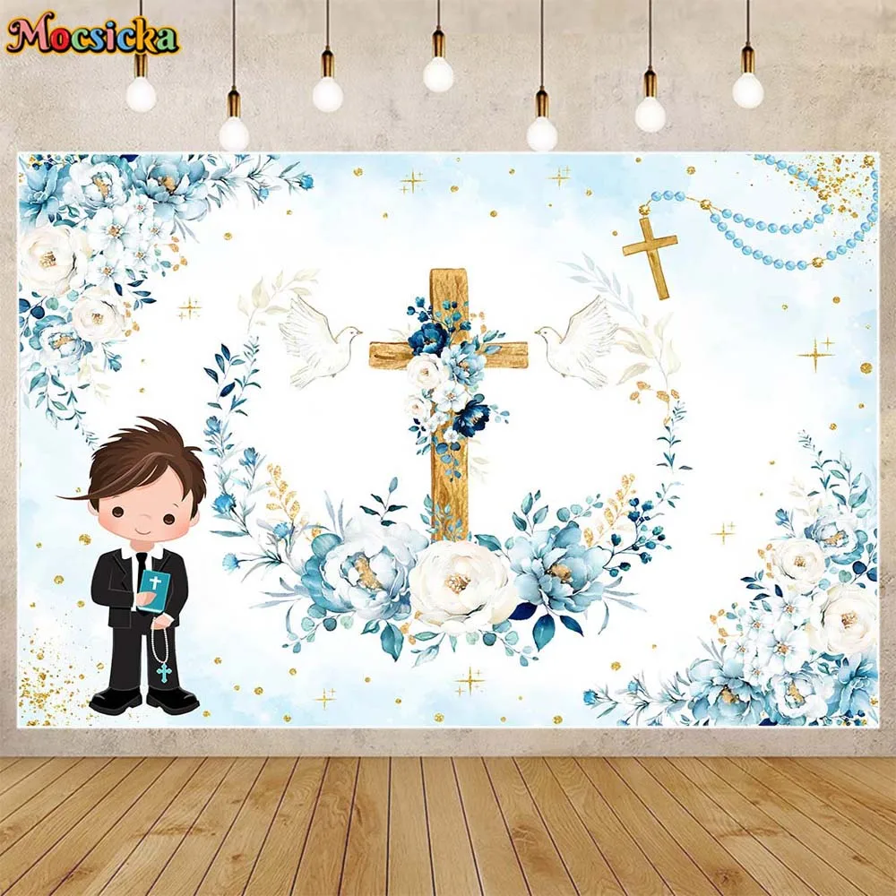 

Mocsicka Boy First Communion Background Wooden Cross White Dove Baby Baptism Backdrop Newborn Party Decor Photocall Photo Studio