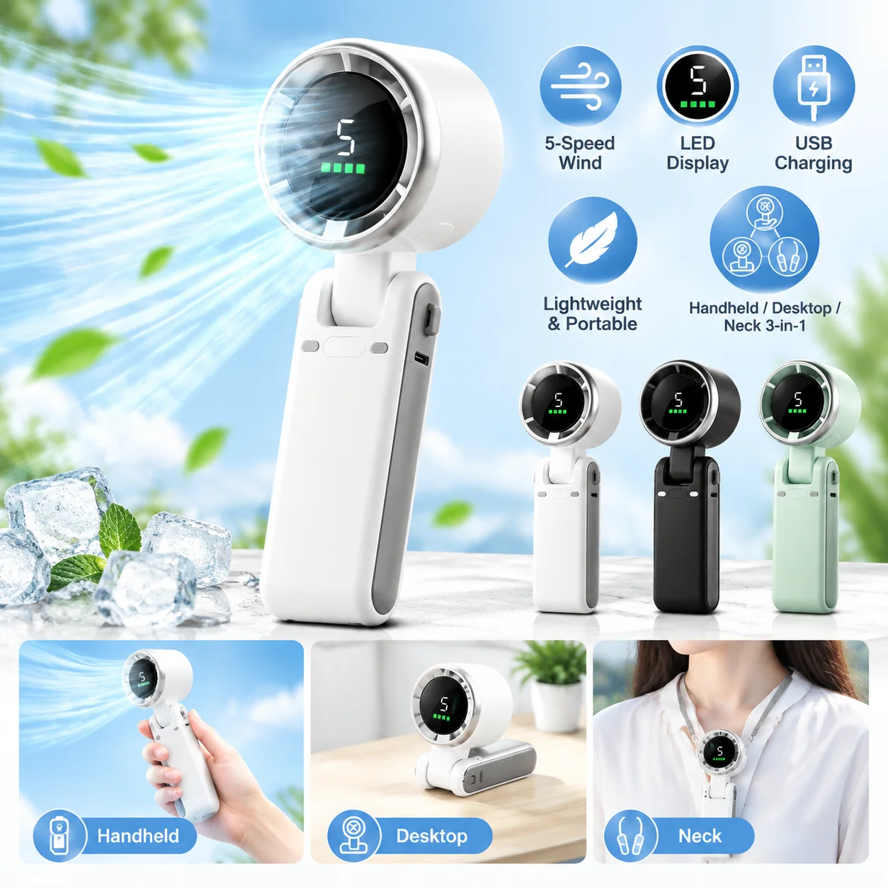 Mini High-speed Handheld Fan Usb Chargeable Digital Display Portable Outdoor Desktop Folding Hanging Camping Hiking Turbo Fan