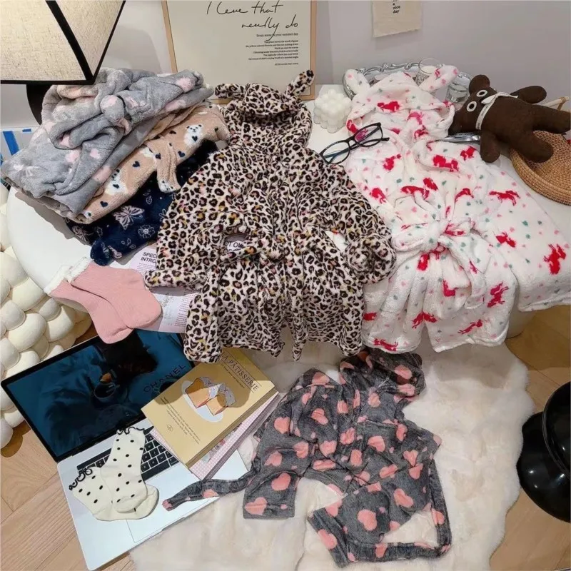 بيبي بوي فتاة الفانيلا رداء طويل ليوبارد طباعة طفل رداء حمام بقلنسوة Sleeprobe منشفة منامة المنزل دعوى ملابس الطفل 2-12Y