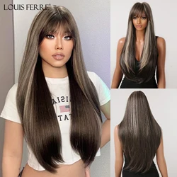 LOUIS FERRE Long Brown Wigs with Bangs for Women Straight Light Grey Highlights Synthetic Cosplay Wig Heat Resistant for Daily