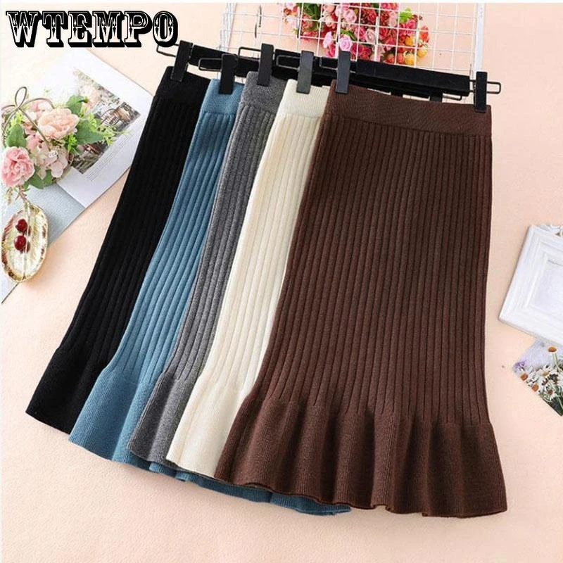 Women's Knitted Skirt Fall Winter High Waist Elastic Knitted Bodycon Skirt Ladies Pencil Skirt