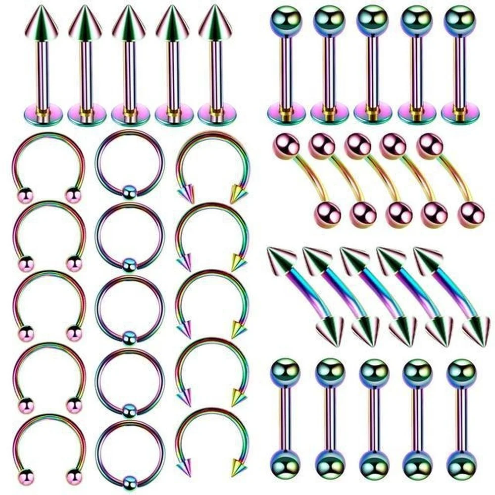 40/60PC Stainless Steel Nose Ring Tongue Bar Set Eyebrow Labret Piercing Set Horseshoe Ring Lot Women Pack Body Jewelry Gift