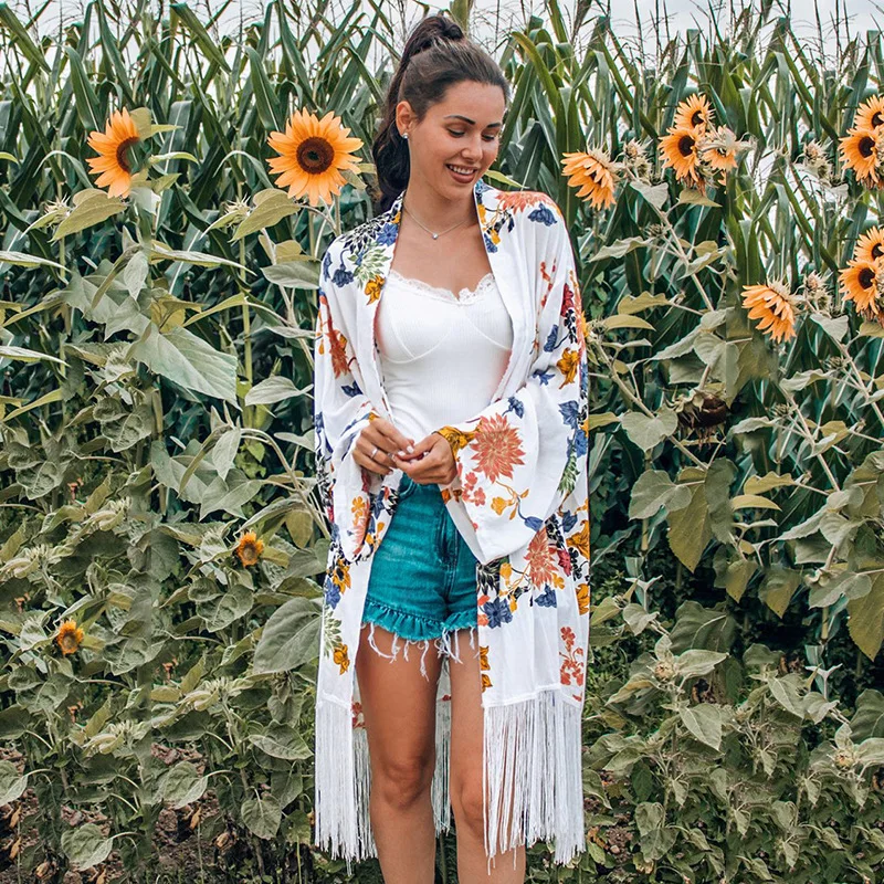 

Loose Chiffon Printed Beach Sun Protection Shirt, Vacation Tassel Cardigan, Bikini Top, Outerwear