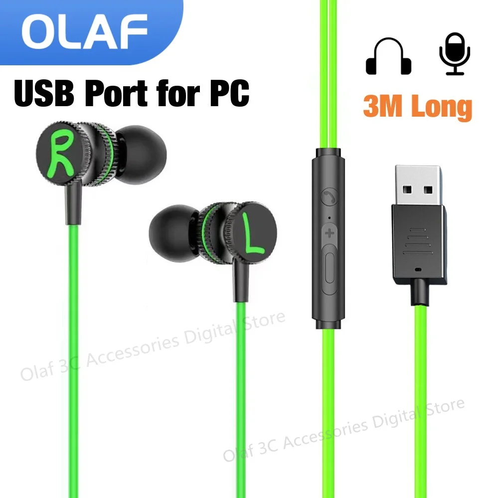 3M Long USB Wired Headphones In-ear Earphones With Mic USB-A Cable Handsfree Headset Gaming USB Earbuds For Desktop Laptop PC