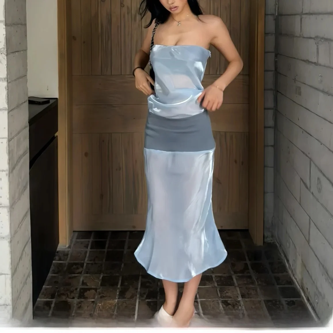 Ocean Blues Flowing Fabric Custom-Dyed Built-In Strapless Wrap around Long Dress Slim Fit Style Ins Wind Summer Season Ladies...