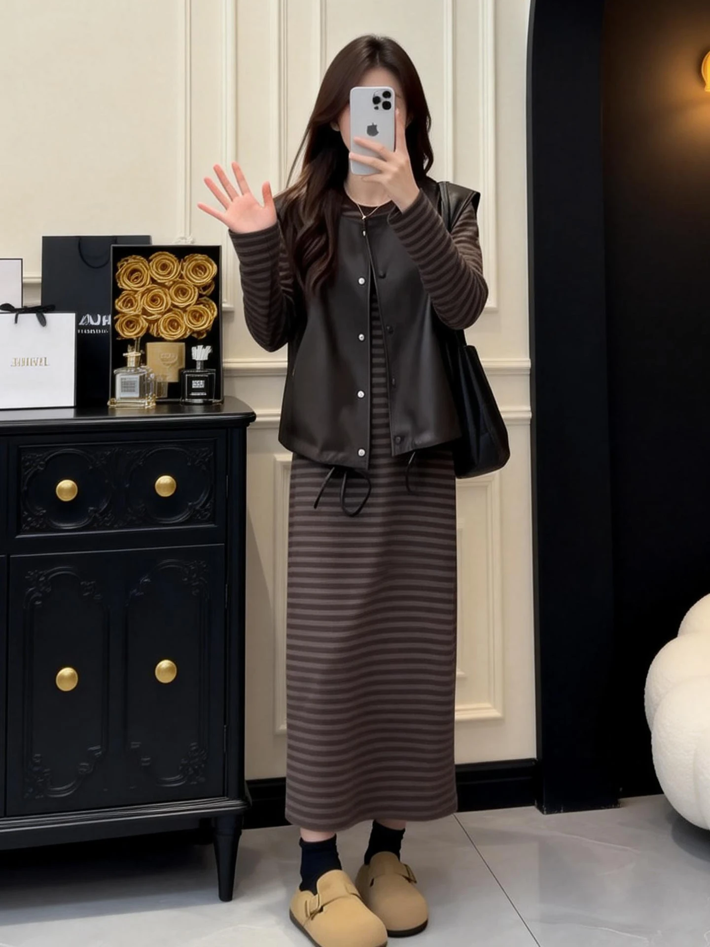 

Korean Lazy Stripe Sweatshirt Dress Set Women's PU Leather Vest Long Skirt Two-Piece Set Spring Autumn Fashion Retro Style