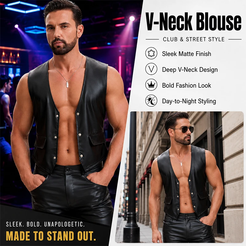 Men Soft PU Leather V-Neck Button-Up Blouse Slim Fit Vest Tops Punk Street Fashion Nightclub Sleeveless Waistcoat Jacket