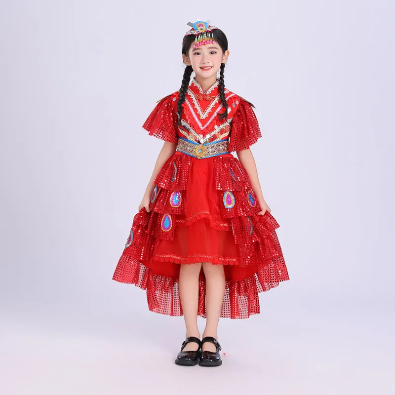 

Red Beautiful Peacock Dance Costume For Girls Birthday Party Clothing Princess Cosplay Dai Dance Chinese National Costumes