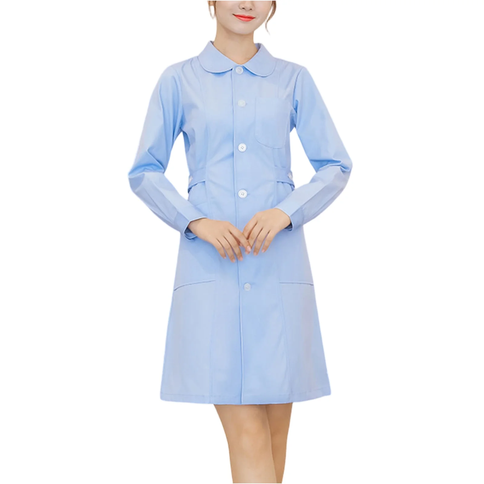 Solid Color Caring Nurse Uniform Hospital Pharmacy Doctor Work Uniform Thin Long Sleeve Slim Fit Workwear Dress with Pockets