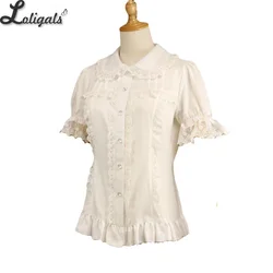 Dames Korte Mouwen Chiffon Blouse Wit/Zwart Lolita Overhemd met Afneembare Mouwen