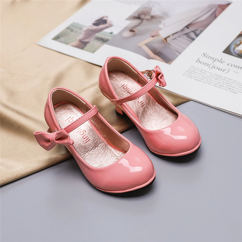 Children High Heels Spring Autumn Princess Shoes for Girls Solid Color Bowtie Kids Leather Shoe Party Wedding Fashion Versatile