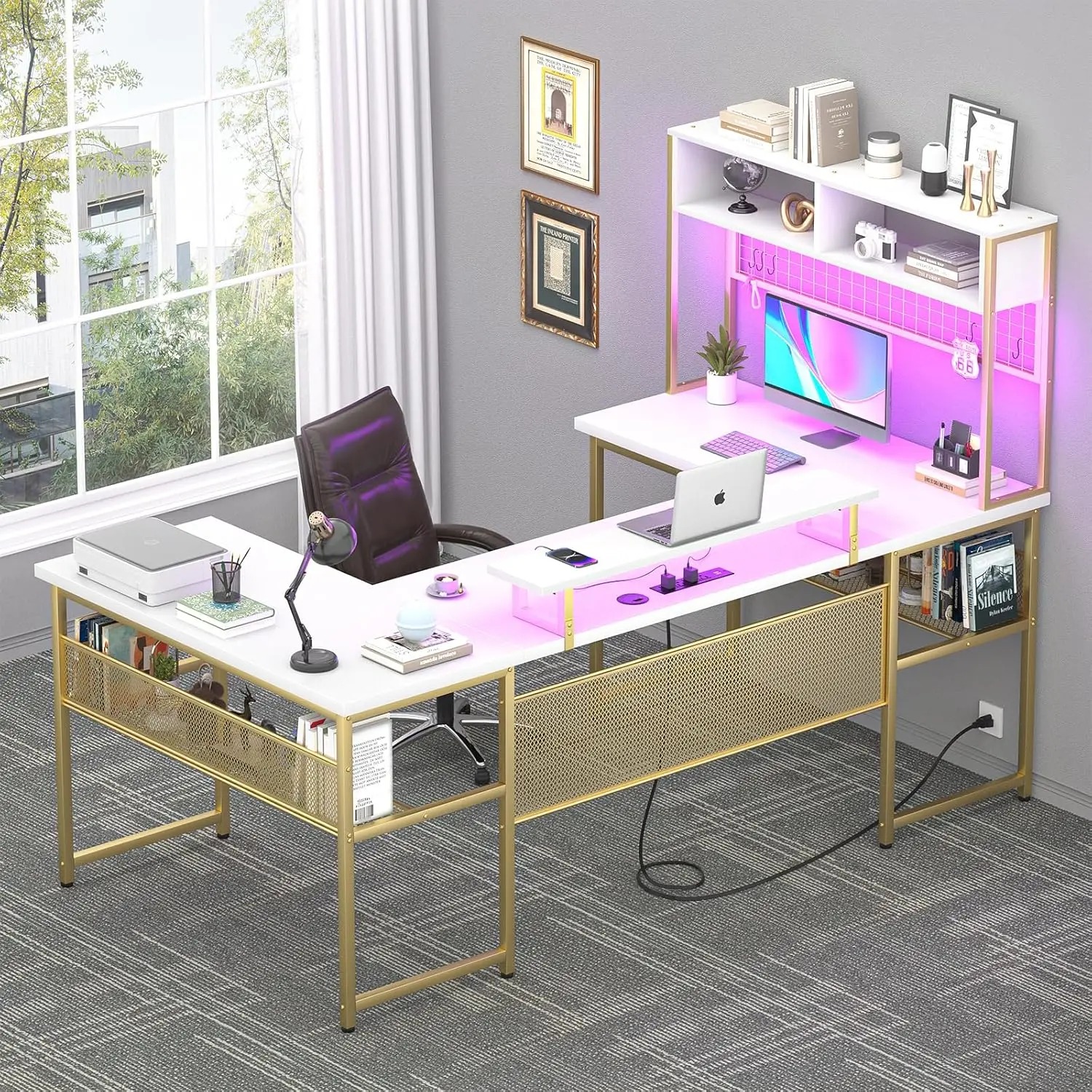 Unikito U Shaped Desks With Hutch, Reversible Computer Desk With Power Outlets And Led Strip, Large 106 Inch L Shaped Office