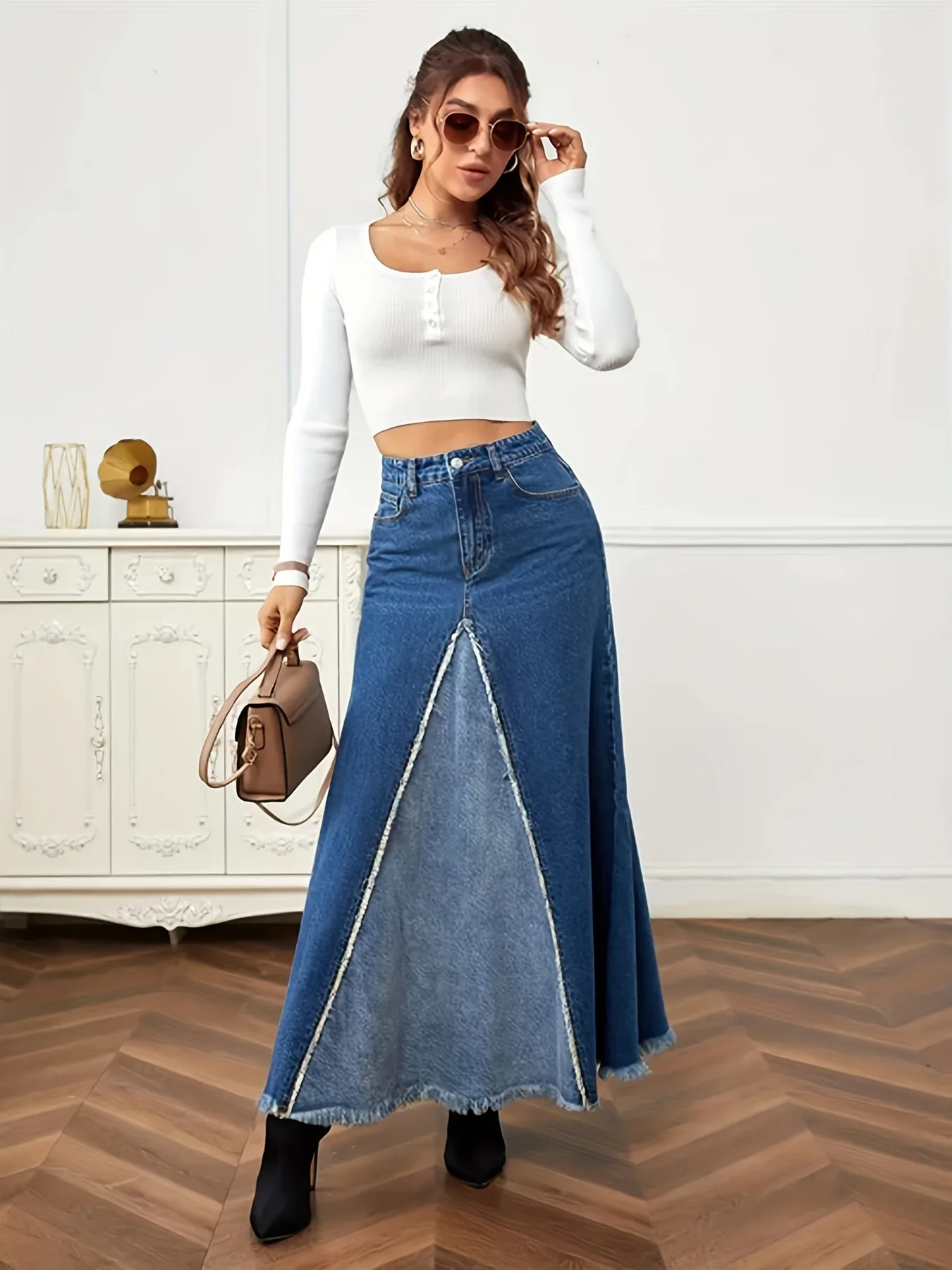 2023 Autumn New Women\'s Denim Long Skirt Fashion Loose Spliced Denim Swing Skirt Female Casual Clothes XS-L Drop Shipping