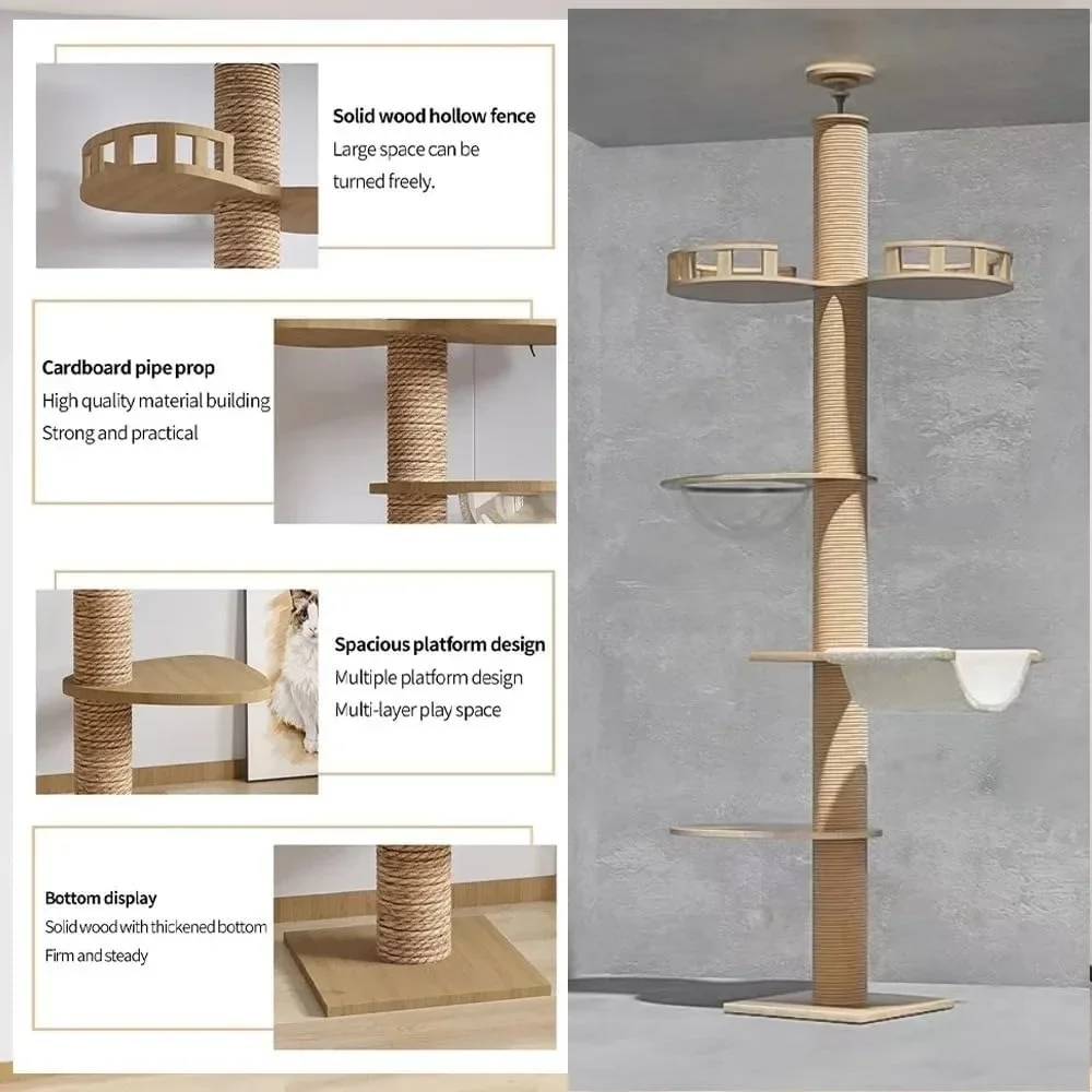 Деревянное большое кошачье дерево от пола до потолка, кошачья башня с регулируемой высотой, кошачье дерево от пола до потолка, деревянное кошачье дерево | |