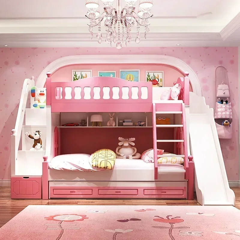 Children's bed princess girl pink bunk slide cabinet