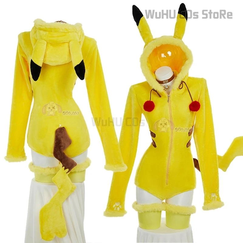 Women Pikkachu Electric Yellow Mouse Cosplay Costume Cute Halloween Sexy Romper Bodysuit Hooded Belt Tail Anime Doujin Suit