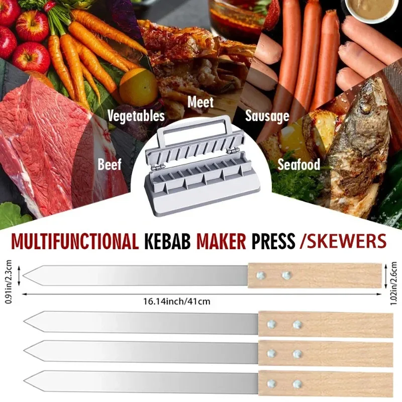 Kabob Skewers 2.3cm Flat Stainless Steel BBQ Barbecue Skewer with Wooden Handle Row Kebab Maker for Brazilian Koobideh Persian