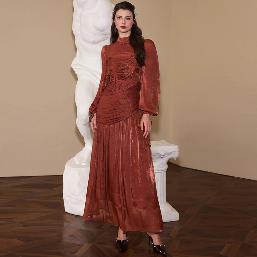 

Mermaid Chiffon Customized Celebrity Gowns High Collar Long Sleeves Evening Dress Ankle Length Zipper Back Homecoming Dresses