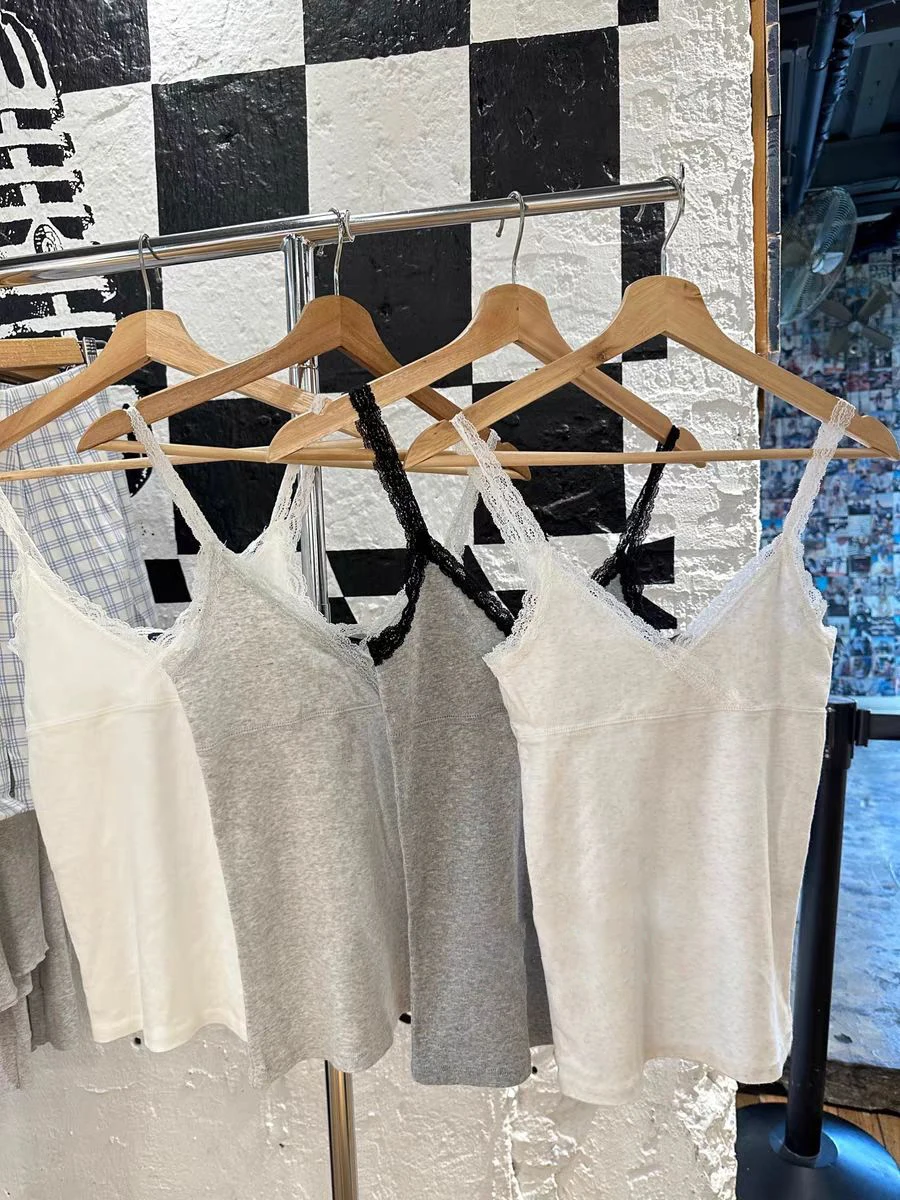 Lace Trim Patchwork Slim Tank Tops Sexy V Neck Sleeveless Cotton Camisoles Summer Women Vests Vintage Simple Basic Top Y2k