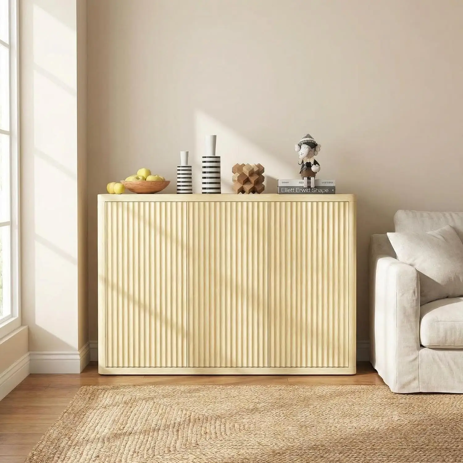

46.7" Buffet Cabinet with 3 Fluted Doors, Adjustable Shelf, Media Console Table Credenza Sideboard & Coffee Bar Cabinet for Dining Room, Living Room and Hallway