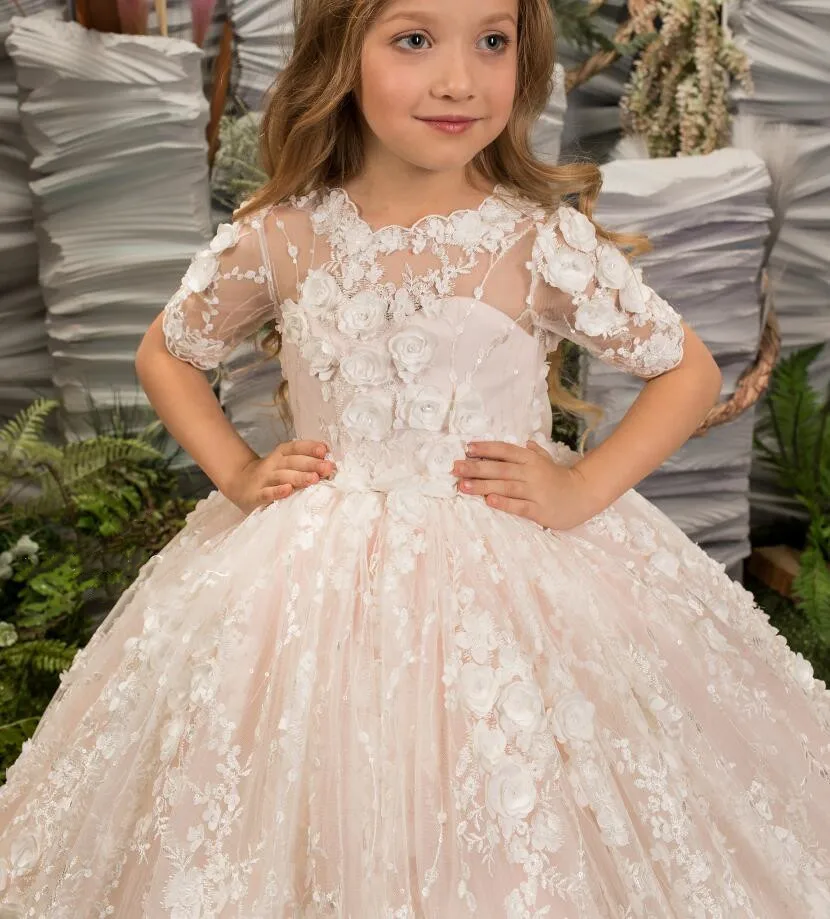 Vestido de baile de encaje de tul blanco, vestidos de niña de flores para boda, vestido de princesa de ilusión, vestido de fiesta de boda de primera comunión